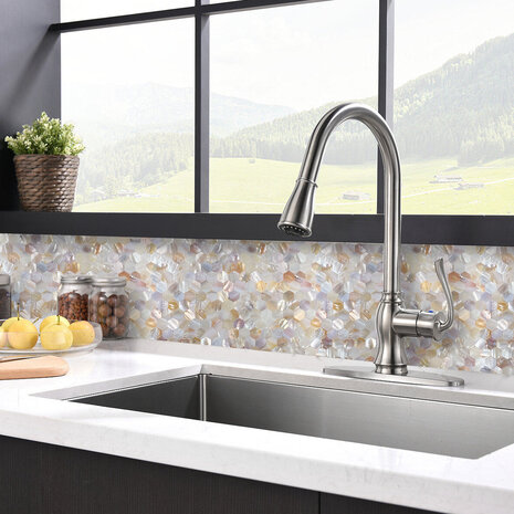 Oppio SHELL Tiles - Mother of PEARL HEXAGON wit - Zelfklevend Mozaiek 305x305x3.3mm Oppio SHELL Tiles - Mother of PEARL HEXAGON wit - Zelfklevend Mozaiek 305x305x3.3mm