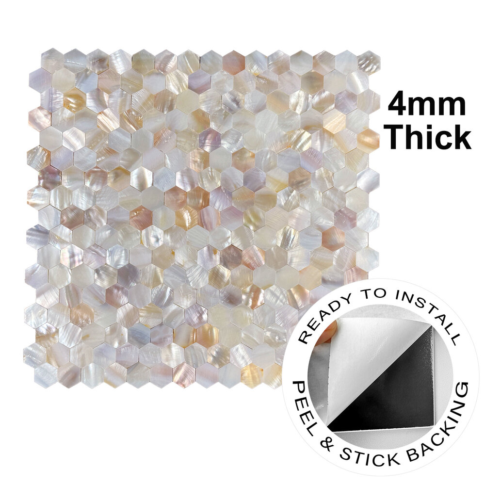 Oppio SHELL Tiles - Mother of PEARL HEXAGON wit - Zelfklevend Mozaiek 305x305x3.3mm Oppio SHELL Tiles - Mother of PEARL HEXAGON wit - Zelfklevend Mozaiek 305x305x3.3mm