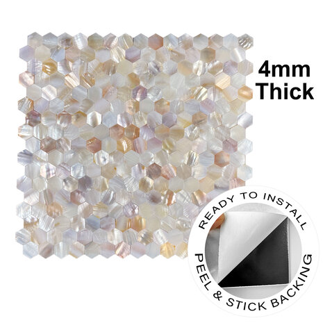 Oppio SHELL Tiles - Mother of PEARL HEXAGON wit - Zelfklevend Mozaiek 305x305x3.3mm Oppio SHELL Tiles - Mother of PEARL HEXAGON wit - Zelfklevend Mozaiek 305x305x3.3mm