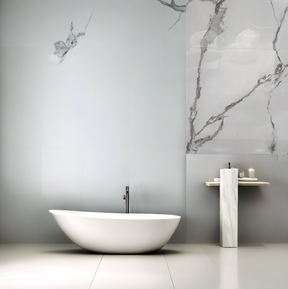 Oppio €49 PER PANEEL - 120x280x0,3 cm - PVC Wandpaneel Calacatta Marmer Wit / Grijs Hoogglans