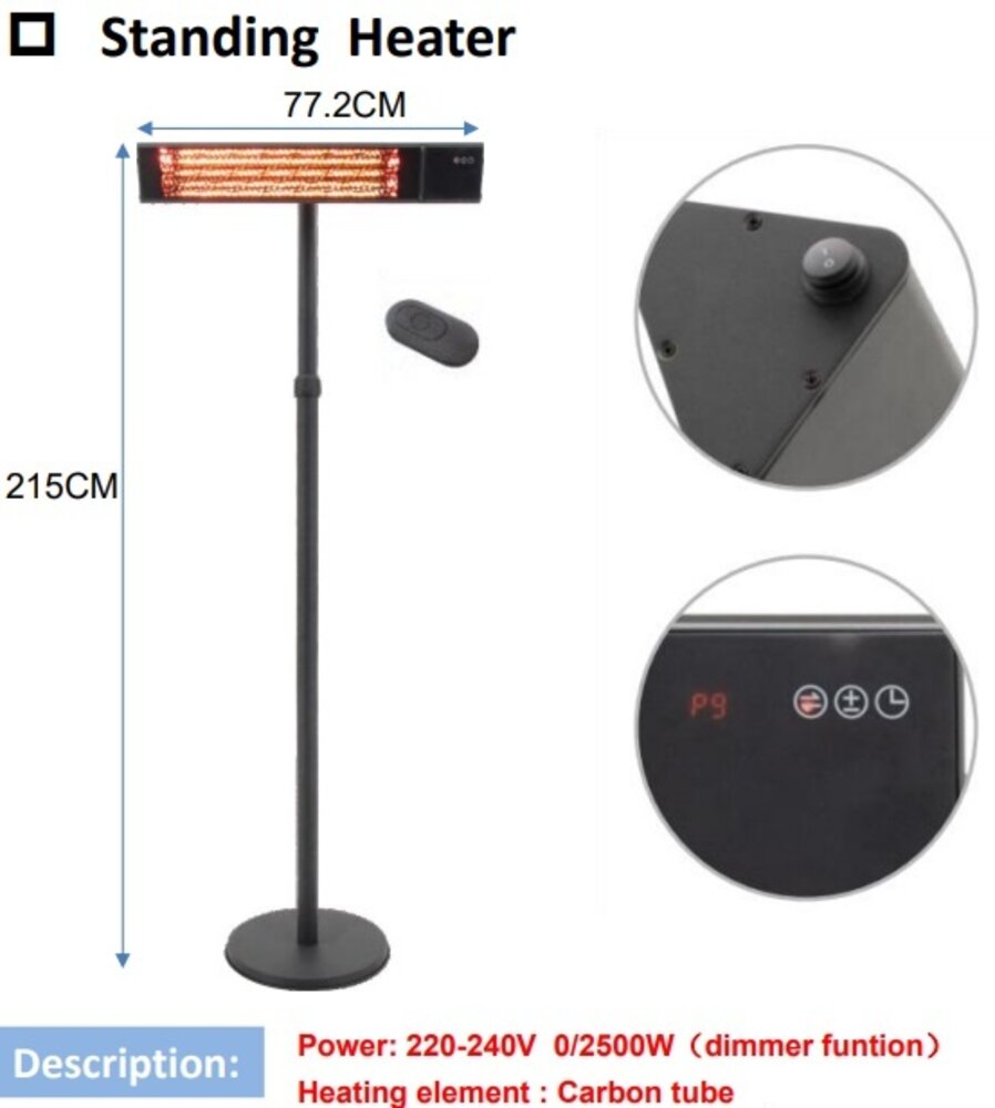 Oppio OPPIO Elektrische PRO Rechthoek Terrasverwarmer 2500W (STAAND) - WIFI FUNCTIE - ZWART