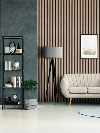 Oppio Lattenwand Silentless Vergrijsd Walnoot 260 x 52,6 cm - akoestische wand panelen met Vilt Oppio Lattenwand Silentless Vergrijsd Walnoot 260 x 52,6 cm - akoestische wand panelen met Vilt