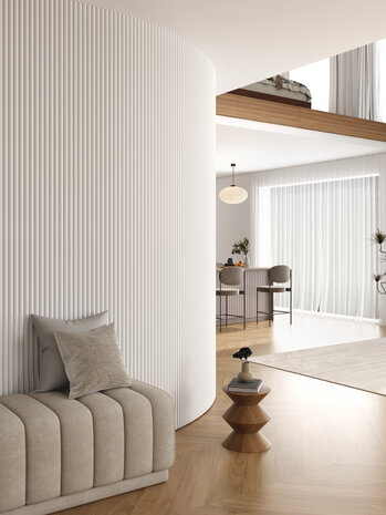 Oppio RONDE LATTEN - WIT Eiken akoestische wand panelen lattenwand met Vilt