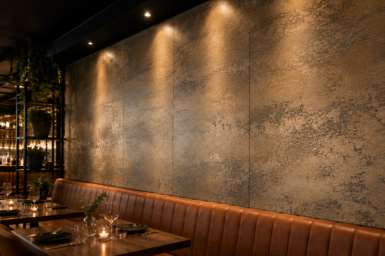 €98 PER PANEEL - 120x280x0,3 cm – Bronze Metallic PVC Wandpaneel MAT €98 PER PANEEL - 120x280x0,3 cm – Bronze Metallic PVC Wandpaneel MAT