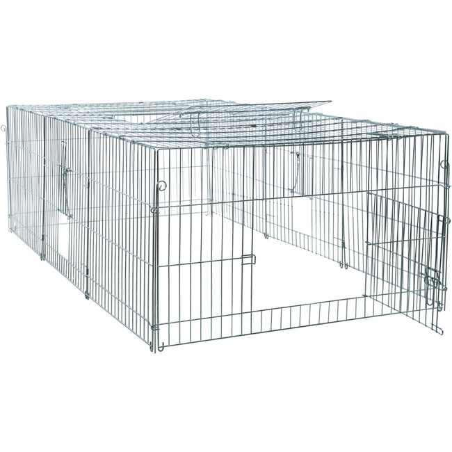Run with roof - Metal playpen for rabbits and guinea pigs - Outdoor - 114 × 58 x 116 cm - Grey