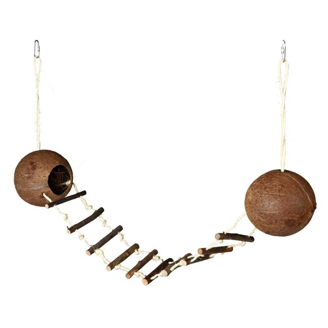 Two coconut houses with a suspension bridge between them - climbing toy for rodents - Ø 13 × 100 cm - Coconut