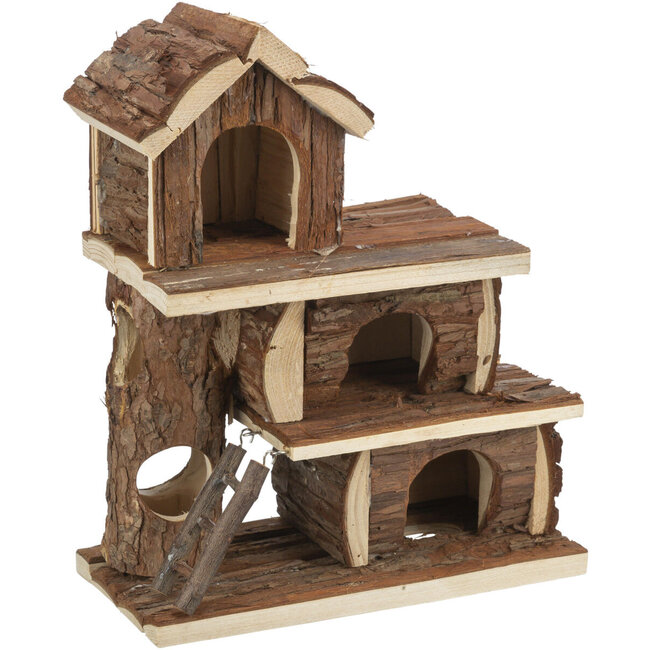 Speelhuis Tammo voor dwerghamsters, muizen en gerbils - Huis met drie verdiepingen - 25 × 30 × 12 cm - Schorshout