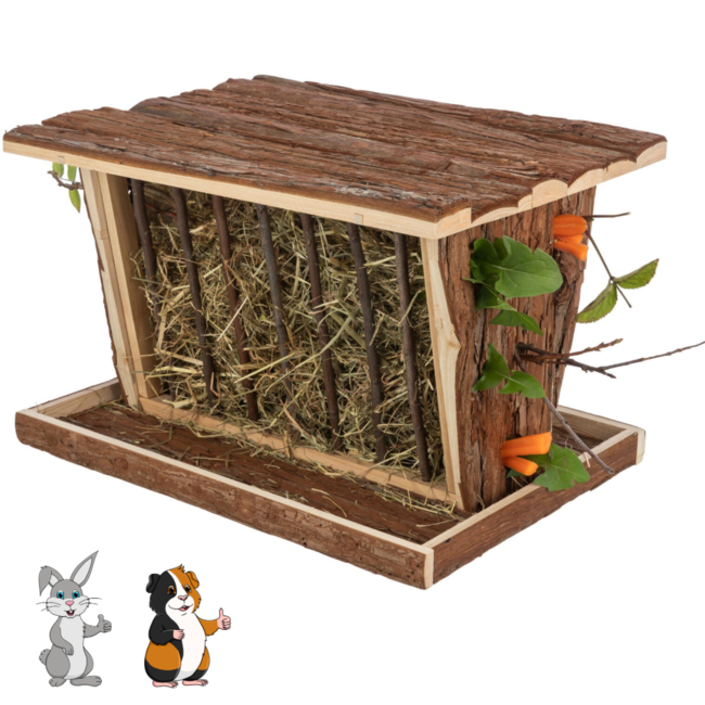 Vrijstaande hooiruif met bodem en deksel - Hooiruif voor konijnen en cavia's - 40 x 22 x 30 cm - Schorshout