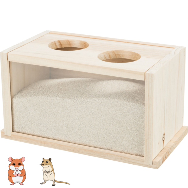 Sand bath with two entrances - Sand bath for hamsters and gerbils with plexiglass - 22 × 12 × 12 cm - Wood