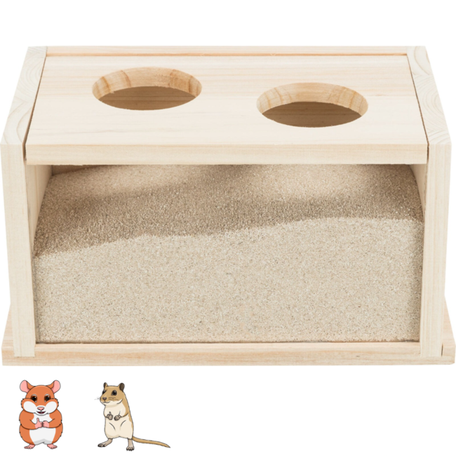 Sand bath with two entrances - Sand bath for hamsters and gerbils with plexiglass - 22 × 12 × 12 cm - Wood