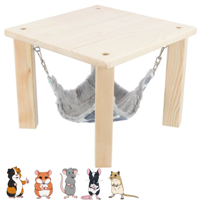 Afdak met hangmat Sunny - Houten hokinrichting voor cavia's en andere knaagdieren - 28 x  24 × 28 ×  cm - Kleurig / Grijs