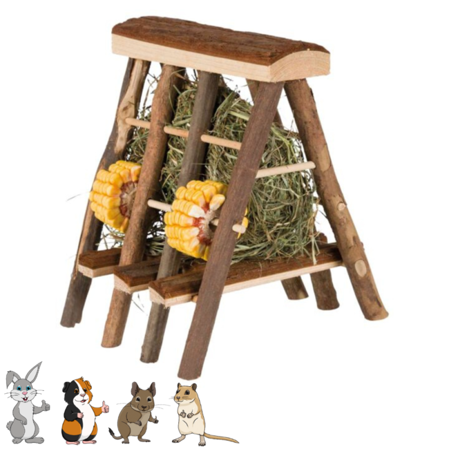 Hooiruif met maïs en hooi - Snack voor konijnen en cavia's - 17 × 20 × 17 cm - Schorshout