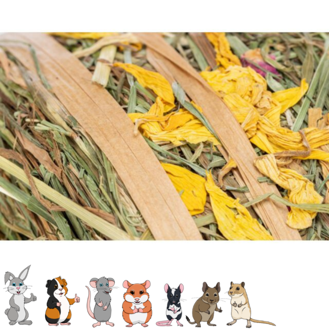 Hay bale with blossom mix - Snack for rabbits and guinea pigs - 500 grams