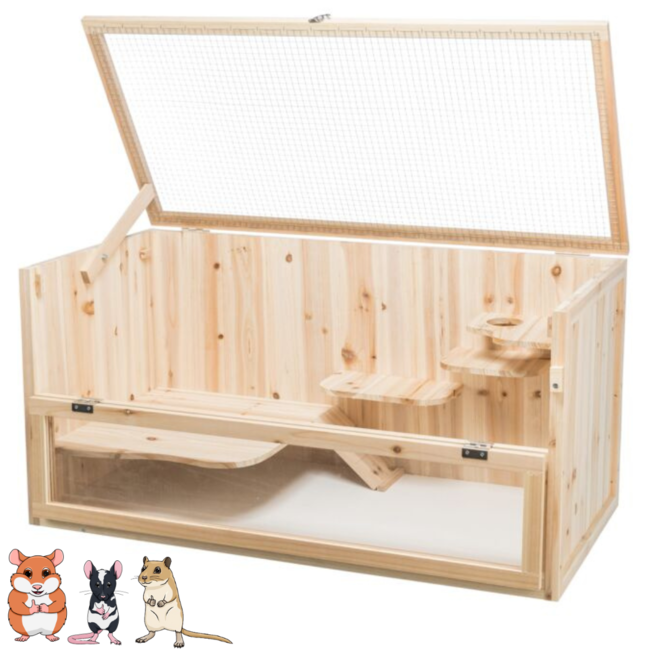 Rodent enclosure with levels - Cage for Syrian hamsters, gerbils and mice with plexiglass - 100 × 50 × 50 cm - Wood