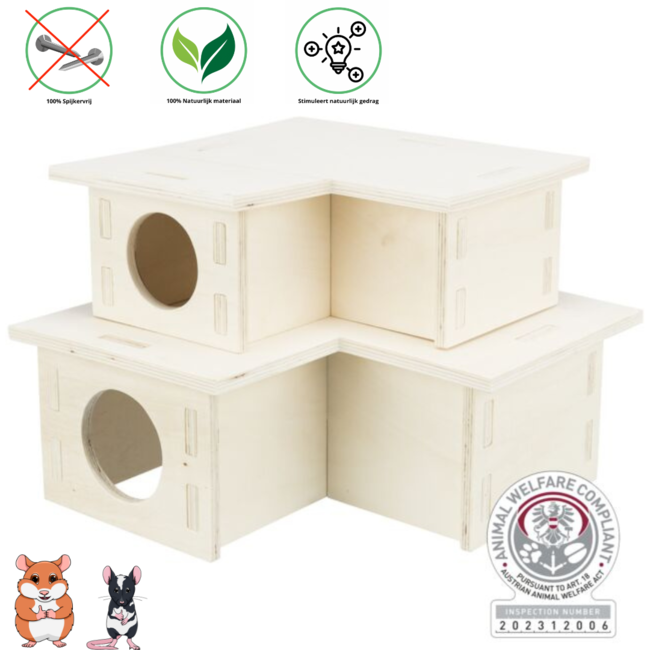 Meerkamerhuis met 3 kamers - Ondergrondshuis voor knaagdieren - 25 × 10 × 25 cm - Hout