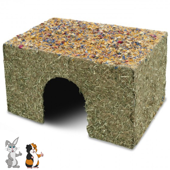 JR Farm Hay House with Flowers - Snack for Rabbits and Guinea Pigs - 37 x 24 x 21 cm
