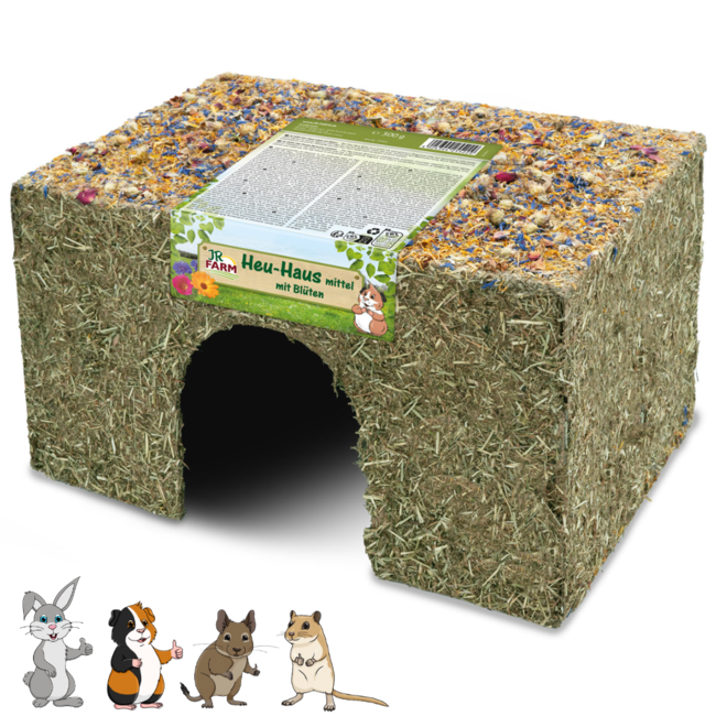 JR Farm Hay House with Flowers - Snack for Guinea Pigs and Other Rodents - 27 x 18 x 17 cm