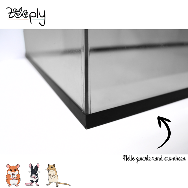 Zooply Glass terrarium for hamsters, gerbils, and mice - Habitat with sliding doors - Ventilation grate - 80 x 40 x 50 cm - Black dried herbs for rabbits and rodents