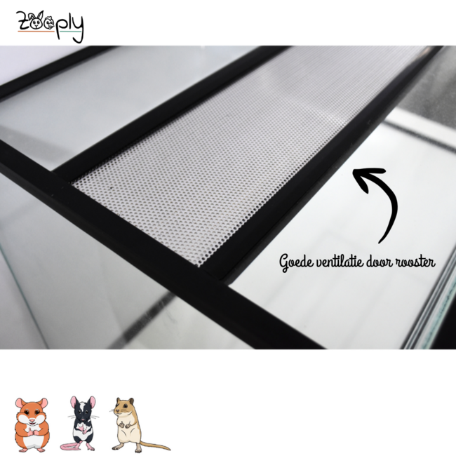 Zooply Glass terrarium for hamsters, gerbils, and mice - Habitat with sliding doors - Ventilation grate - 80 x 40 x 50 cm - Black dried herbs for rabbits and rodents