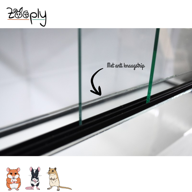 Zooply Glass terrarium for hamsters, gerbils, and mice - Residence with sliding doors - Ventilation grille - 100 x 40 x 50 cm - Black dried herbs for rabbits and rodents