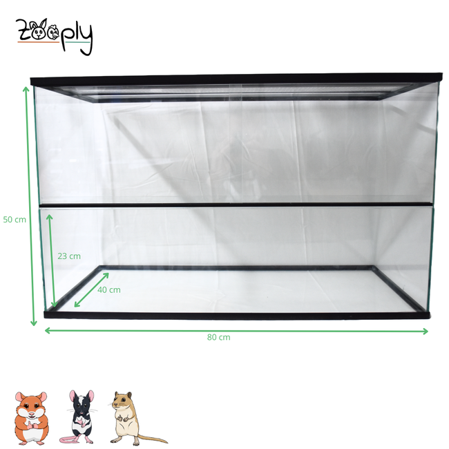 Zooply Glazen terrarium voor hamsters, gerbils en muizen - Verblijf met schuifdeuren - Ventilatierooster - 80 x 40 x 50 cm - Zwart