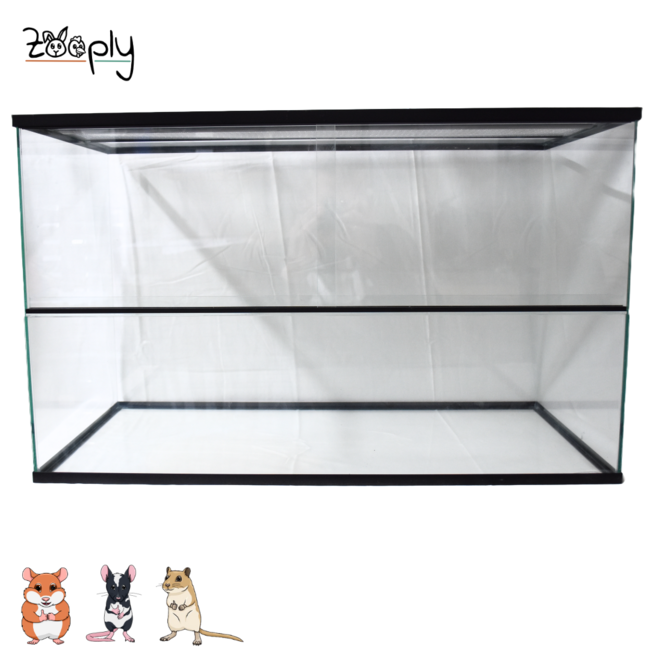 Zooply Glazen terrarium voor hamsters, gerbils en muizen - Verblijf met schuifdeuren - Ventilatierooster - 80 x 40 x 50 cm - Zwart