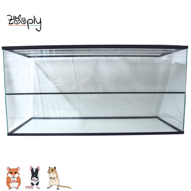 Zooply Glass terrarium for hamsters, gerbils, and mice - Residence with sliding doors - Ventilation grille - 100 x 40 x 50 cm - Black dried herbs for rabbits and rodents
