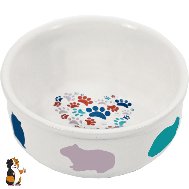 Bean Guinea Pig Feeding Bowl Stone White with Pastel Print, 11 cm