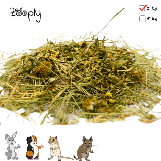 Zooply Herbal Hay with various flowers - Hay fresh from the field - Conveniently packaged - 1 kg