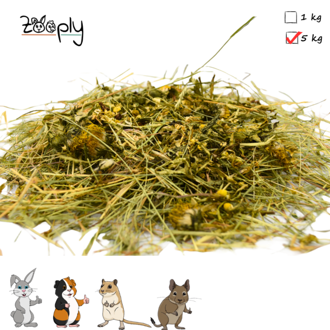 Zooply Herb Hay with Chamomile and Dandelion Leaf - Hay fresh from the field - Easily packaged - 5 kg