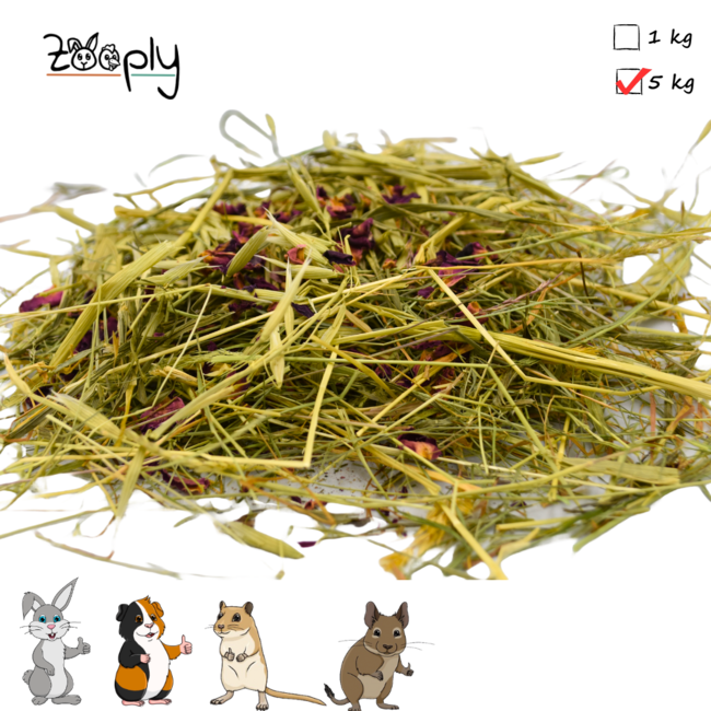 Zooply Herbal Hay with Oats and Roses - Hay fresh from the field - Easy to package - 5 kg