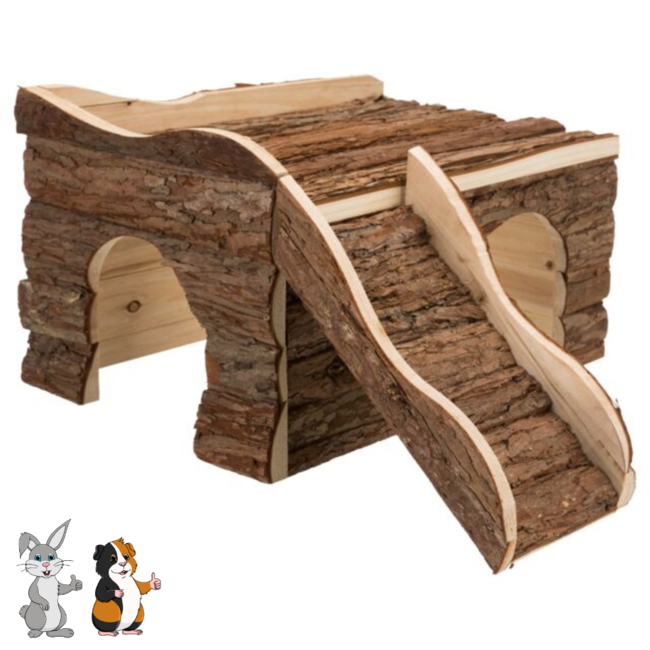 Huis Ineke met twee ingangen en dakterras - Huisje voor konijnen en cavia's - 38 × 25 × 50 cm - Schorshout