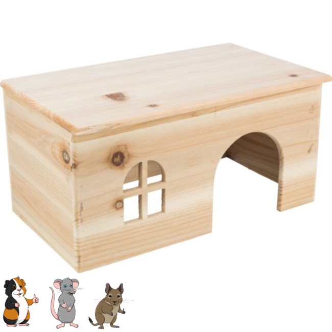 Houten huisje met plat dak voor konijnen en cavia's - 40 × 20 × 23 cm - Hout
