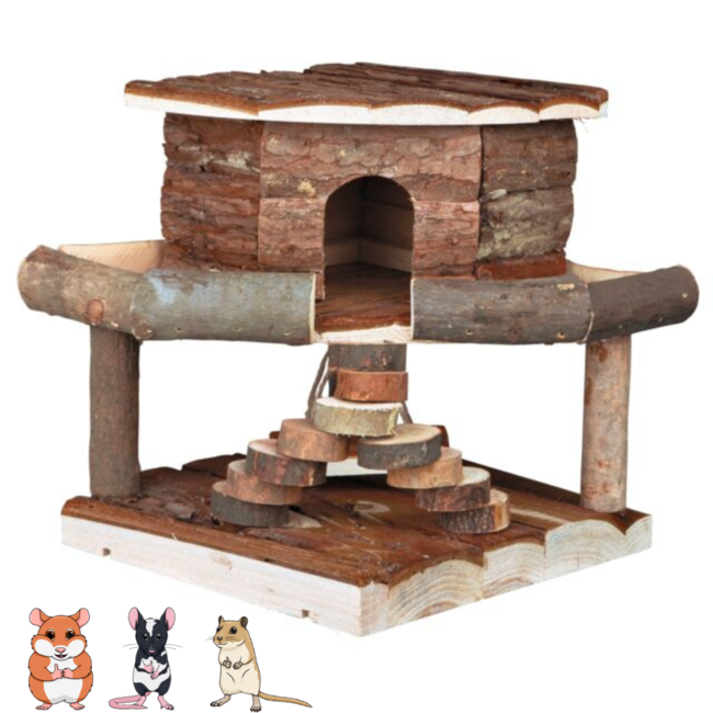 Huis Ida voor dwerghamsters, muizen en gerbils - Huis met twee verdiepingen en een schommel - 19 × 20 × 19 cm - Schorshout