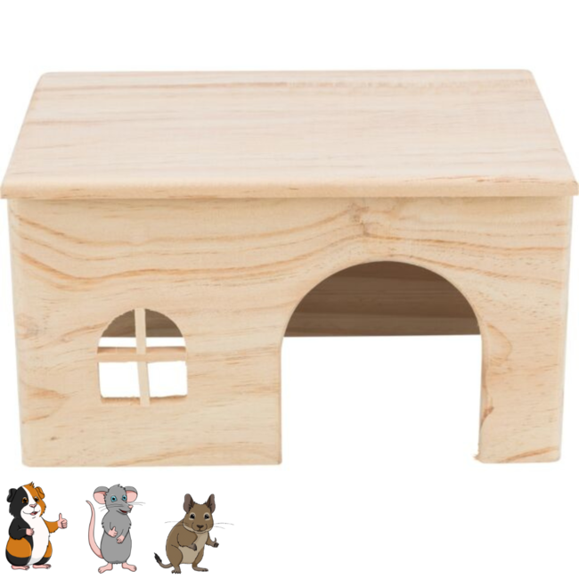 Houten huisje met plat dak voor cavia's en ratten - 28 × 16 × 18 cm - Hout
