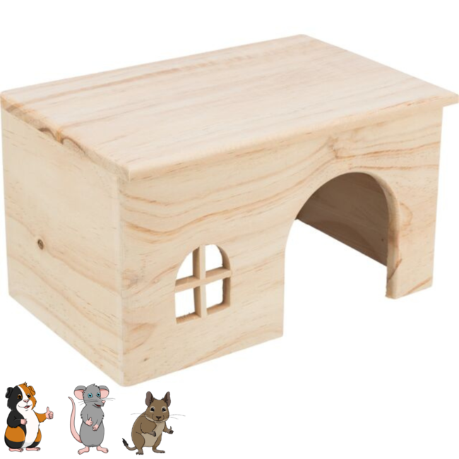 Houten huisje met plat dak voor cavia's en ratten - 28 × 16 × 18 cm - Hout