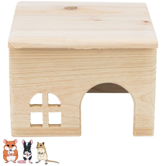 Houten huisje met plat dak voor goudhamsters, muizen en gerbils - 15 × 12 × 15 cm - Hout