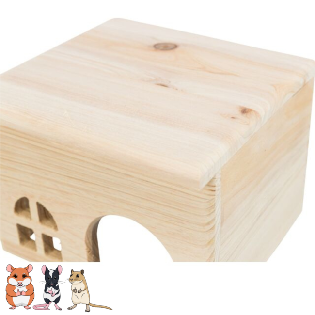 Wooden house with flat roof for golden hamsters, mice and gerbils - 15 × 12 × 15 cm - Wood