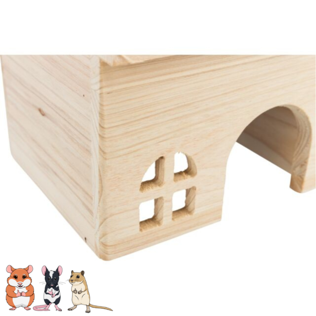 Wooden house with flat roof for golden hamsters, mice and gerbils - 15 × 12 × 15 cm - Wood