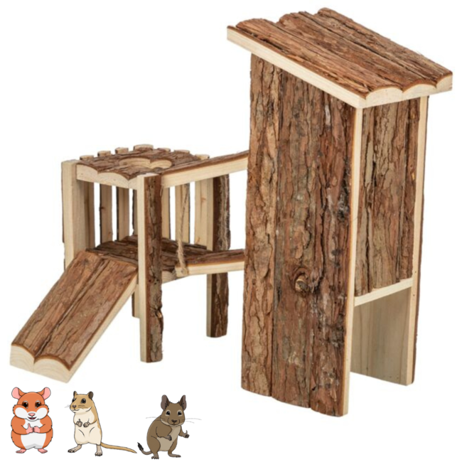Speelplaats voor goudhamsters, gerbils en muizen - 32 × 19 × 29 cm - Schorshout