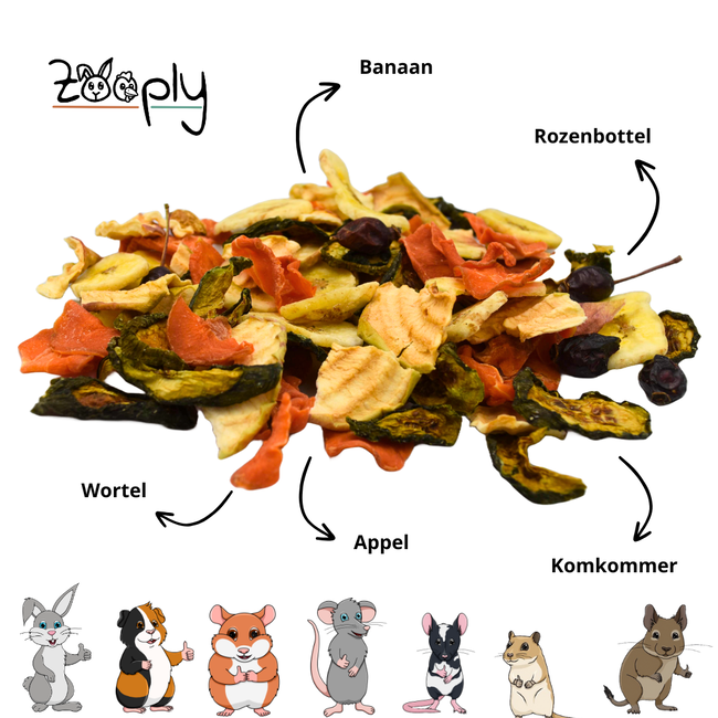 Zooply Groente en Fruit mix - Verschillende gedroogde gezonde kruiden voor konijnen en knaagdieren - Perfect om tam te maken
