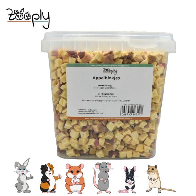 Apple cubes in a 250-gram container