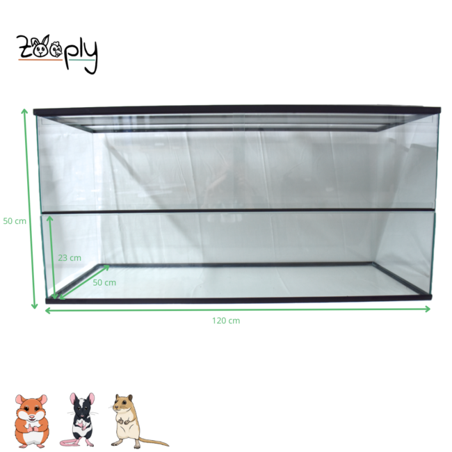Zooply Glazen terrarium voor hamsters, gerbils en muizen - Verblijf met schuifdeuren - Ventilatierooster - 120 x 50 x 50 cm - Zwart