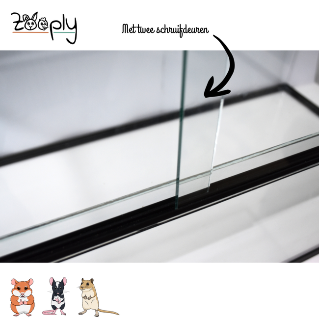 Zooply Glass terrarium for hamsters, gerbils and mice - Enclosure with sliding doors - Ventilation grille - 100 x 50 x 50 cm - Black