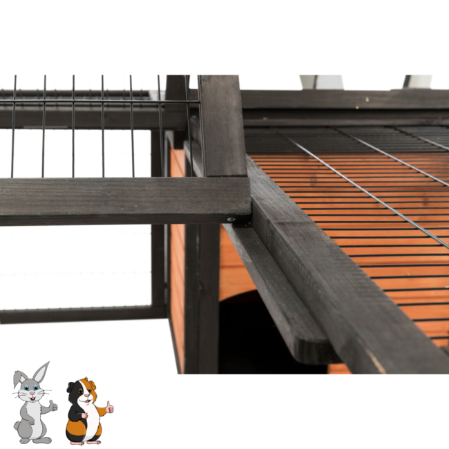 Wooden run with hutch - Outdoor run for rabbits and guinea pigs - 150 × 53 × 150 cm - Black / Brown