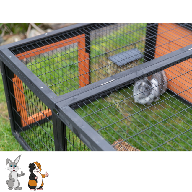 Wooden run with hutch - Outdoor run for rabbits and guinea pigs - 150 × 53 × 150 cm - Black / Brown