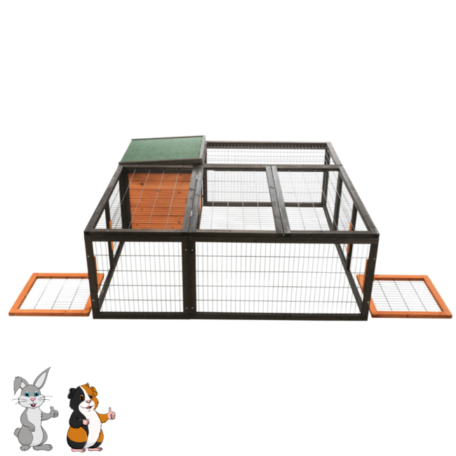 Wooden run with hutch - Outdoor run for rabbits and guinea pigs - 150 × 53 × 150 cm - Black / Brown