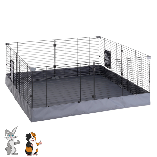 Rabbit and Guinea Pig Enclosure – Wire Cage with Side Panel - Easy access via ramps - 140.5 x 140.5 x 59.5 cm – Grey