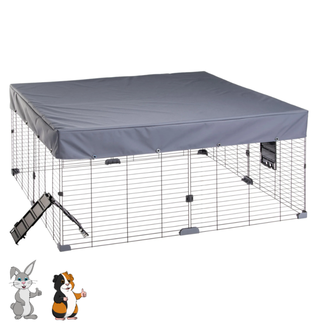 Rabbit and Guinea Pig Enclosure – Wire Cage with Side Panel - Easy access via ramps - 140.5 x 140.5 x 59.5 cm – Grey
