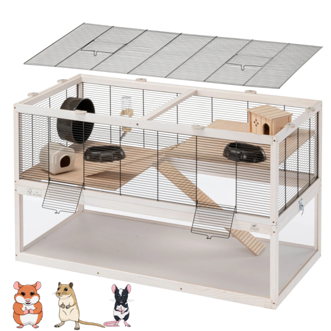 Knaagdierkooi met Plexiglas Onderbak - Luxe - 100 x 61 x 50 cm – Hout